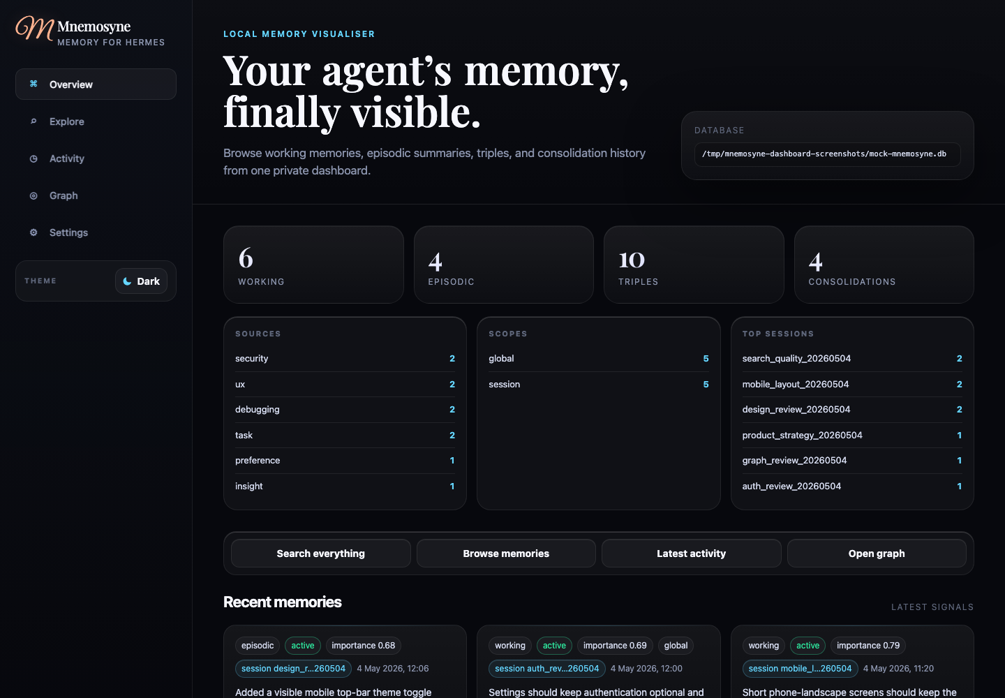 Dashboard overview showing memory counts and recent cards