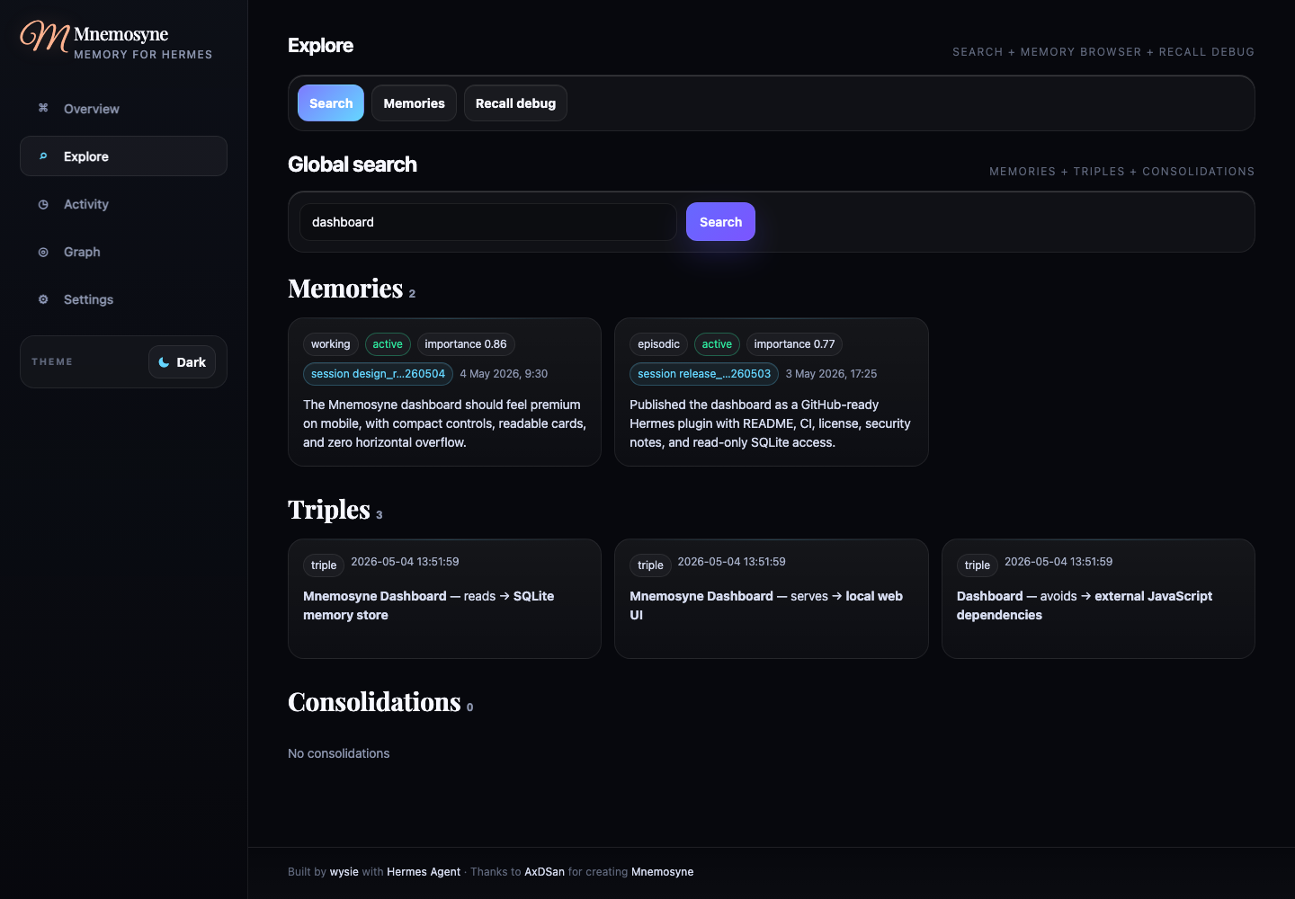 Global search across memories, triples, and consolidations